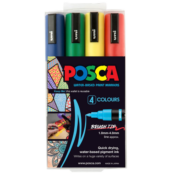 POSCA PC 5BR standard colour 4 pack brush tip paint markers box set of 4 | PoscART