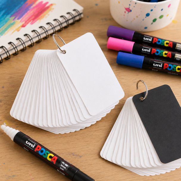 White cardstock memo cards on a metal ring being used for POSCA marker colour swatching on a creative desk