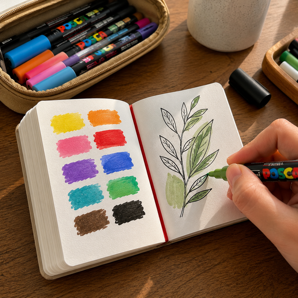 Open mini sketchbook with POSCA colour swatches and leafy artwork being drawn on thick blank acrylic paper.