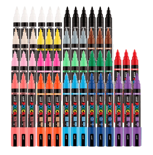POSCA PC-5BR brush tip paint markers in 16 assorted colours, bulk bundle of 60