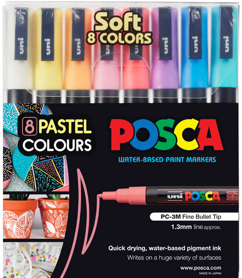 Uni Posca Markers PC-3M, Bullet Shaped 0.9mm to 1.3mm Set of 8 Soft Colors