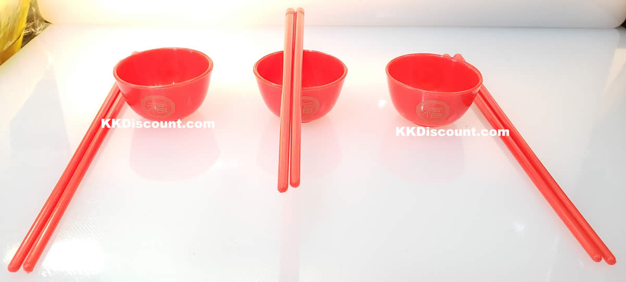 3 Mini Red Plastic Fortune Chopsticks Cups Set - K. K.