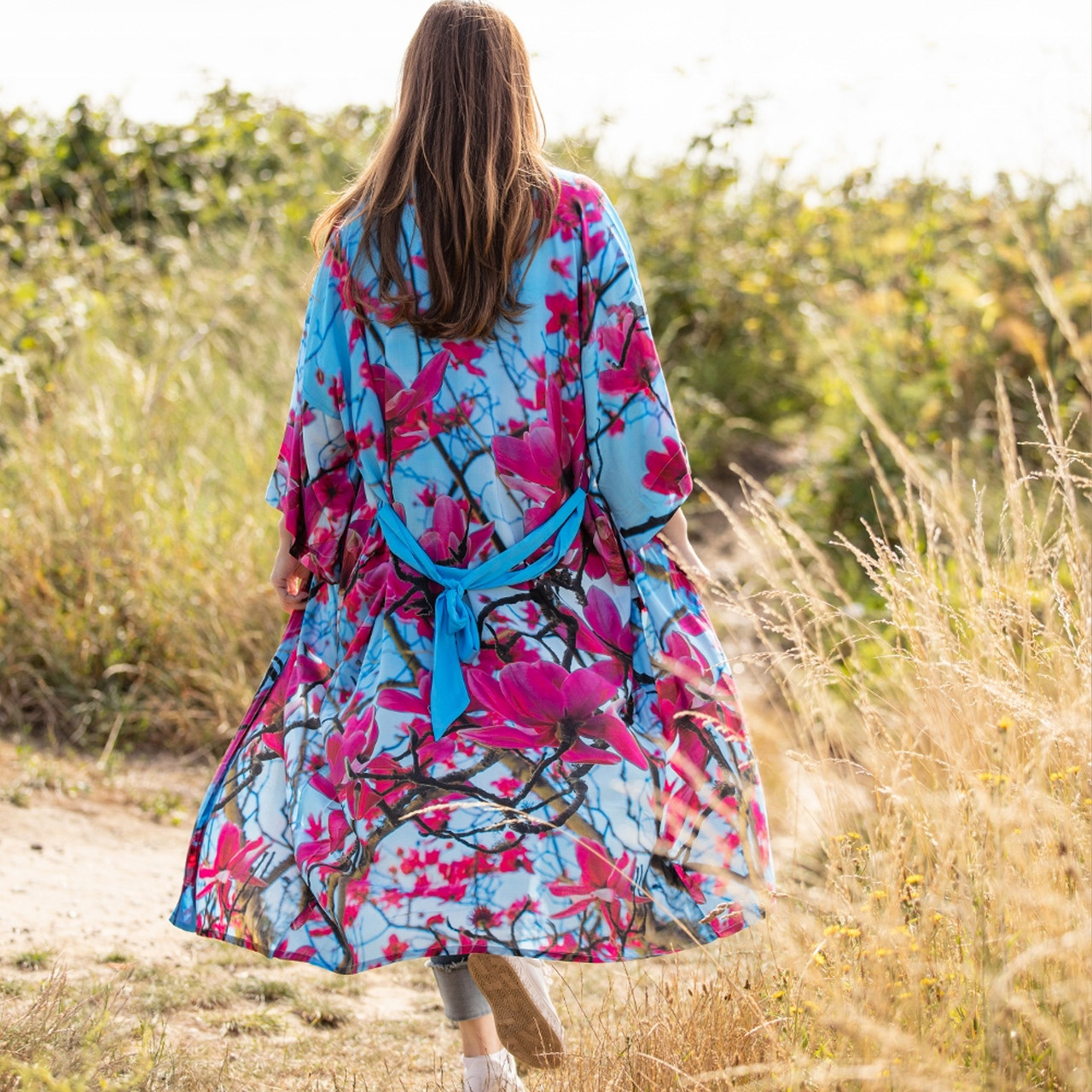 Magnolia Art Print Long Kimono Robe In Viscose - livelagom.com