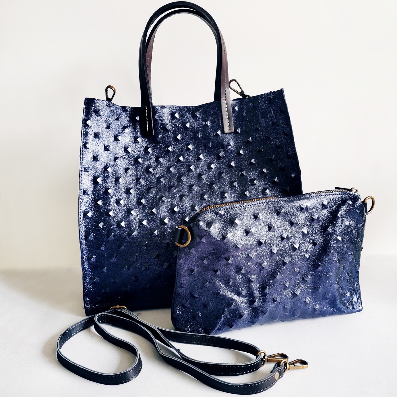 Monaco Leather Bag Set Blue Metallic 