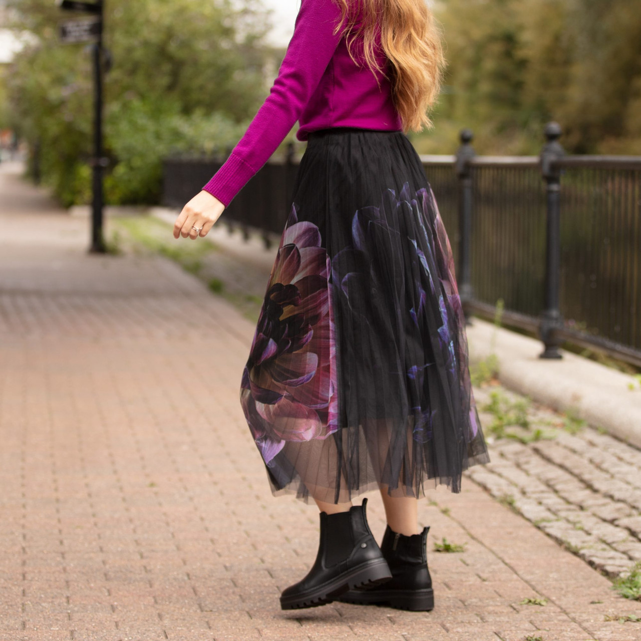 Pleated Mesh Skirt With Peony Petals Print
