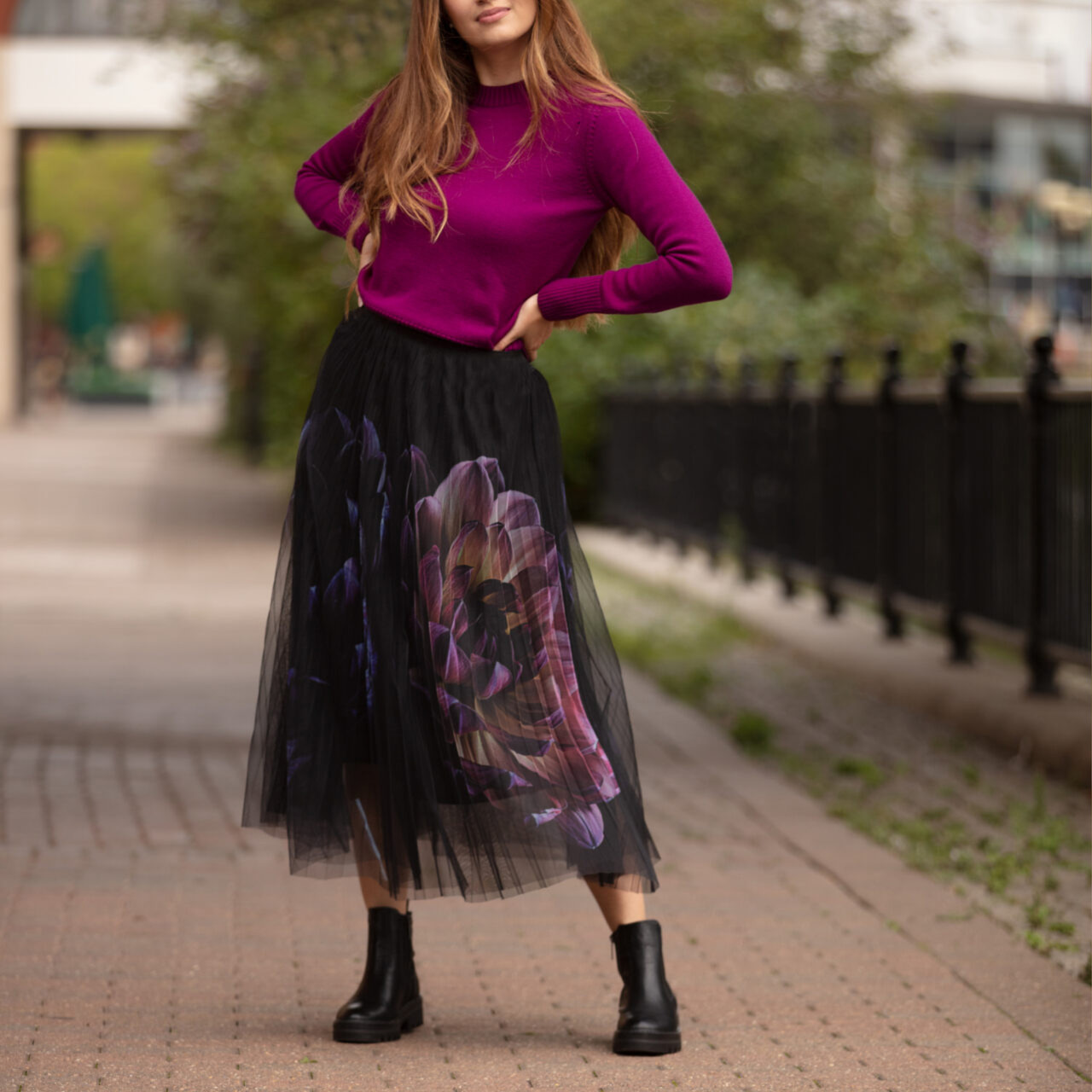 Pleated Mesh Skirt With Dahlia Print