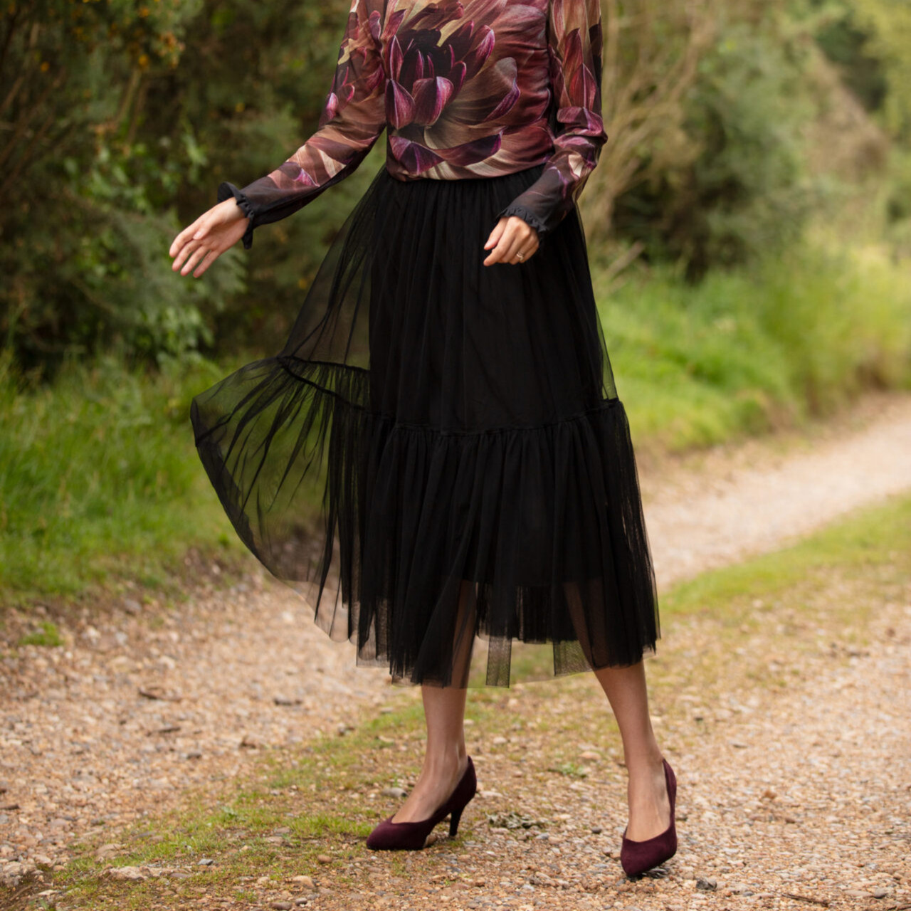 Pleated Mesh Skirt With Dahlia Print 