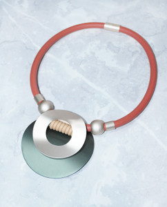 Stockholm Recycled Materials Necklace red-green flat view, £30, recycled aluminium and rubber - LAGOM Stockholm Recycled Materials Necklace red-green flat view, £30, recycled aluminium and rubber - LAGOM