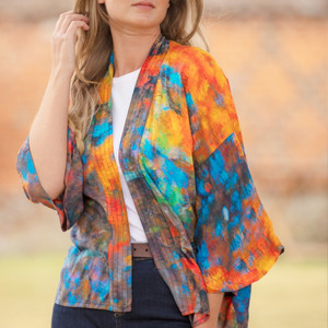 Reflection Print Viscose Kimono Top Orange-Blue Reflection Print Viscose Kimono Top Orange-Blue