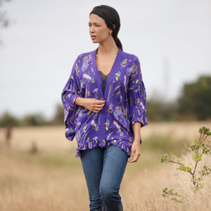 Purple Floral Print Viscose Kimono Top With Frill Trims Purple Floral Print Viscose Kimono Top With Frill Trims