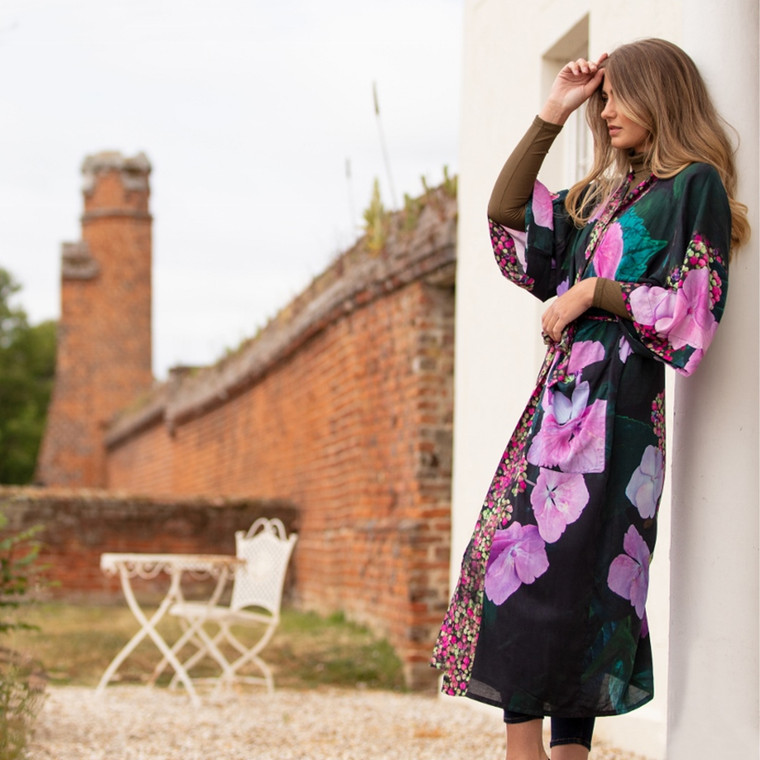 From My Mother's Garden Long Robe in Silky Viscose with Hydrangea Floral Art Print