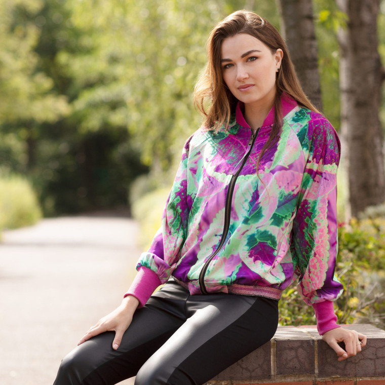 Satin Bomber Jacket With Pink Neon Print by From My Mother's Garden