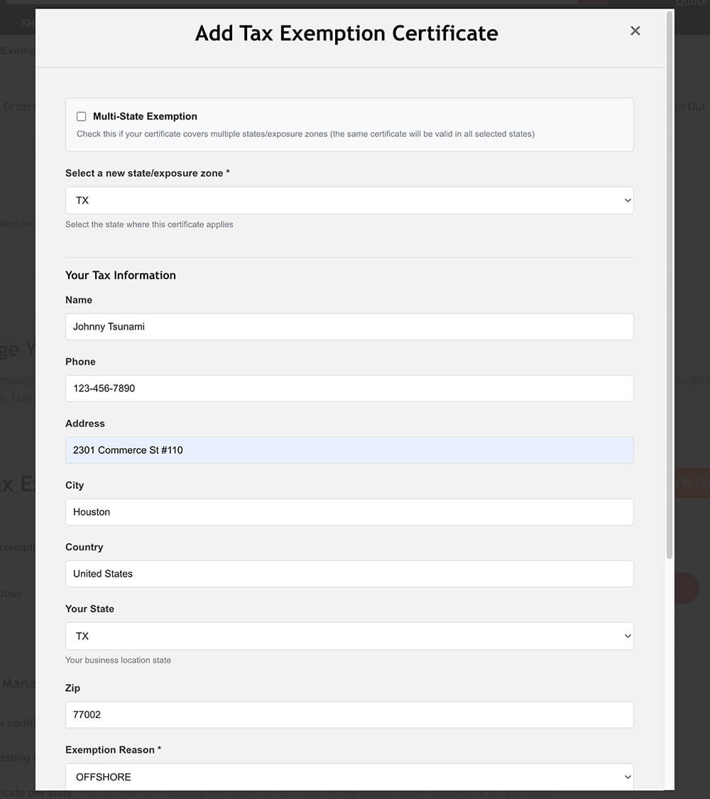 Part 1 of 2 of the tax exempt form.
