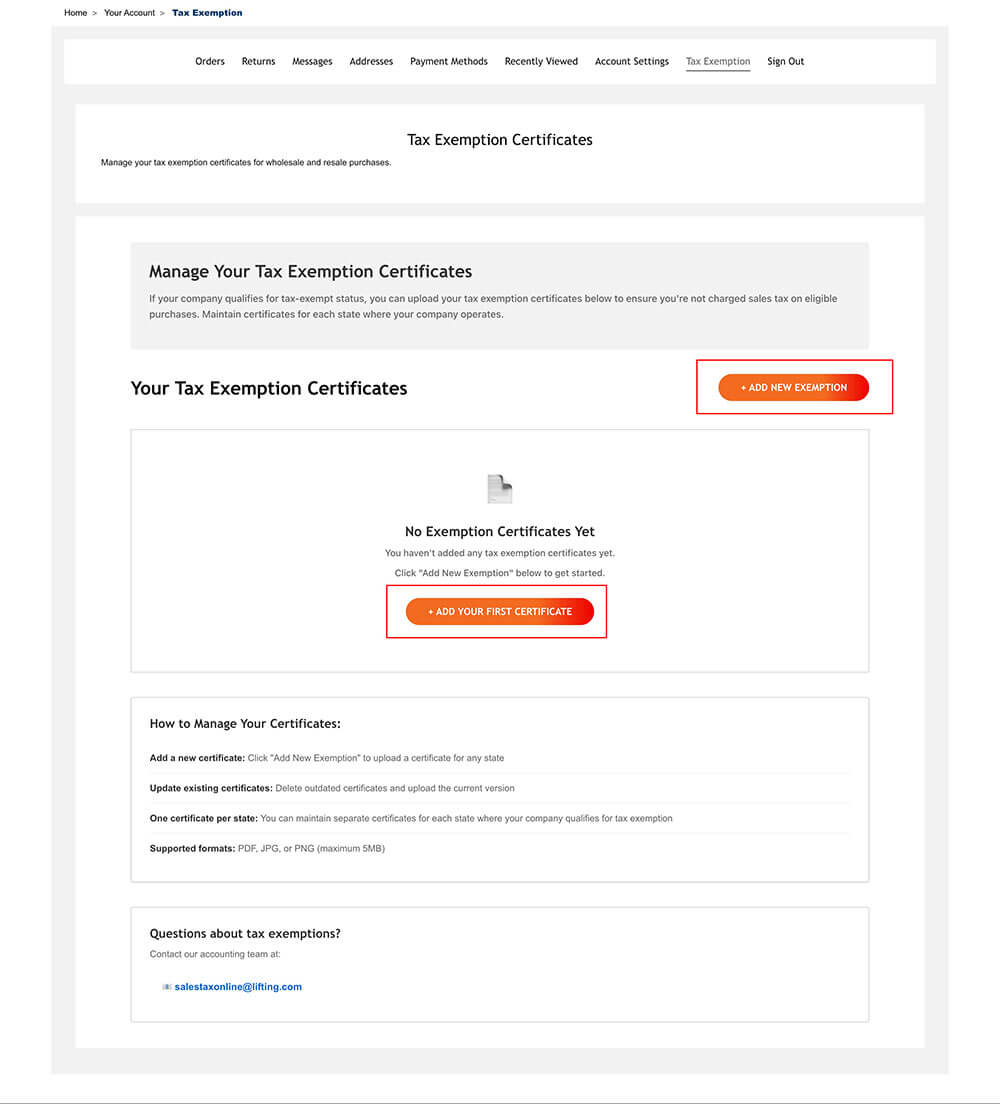 The locations of the buttons to add a tax exempt certificate are shown here.