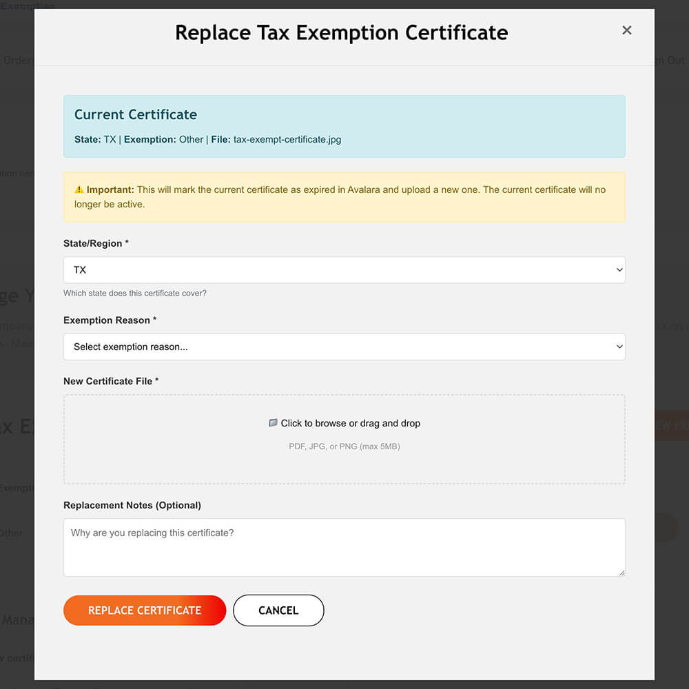 Use the form shown to modify the cerification.