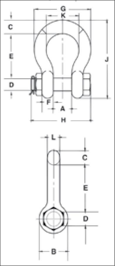 Crosby G-2140 shackle dimensional drawing