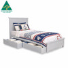 Pale grey single bed with pull-out storage drawers, Australian made in Victoria, solid frame, stylish and practical bedroom furniture.