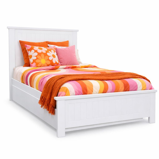 Australian-made Rabbit King Single Bed with Trundle in White, featuring a classic panelled headboard and footboard, durable timber construction, and a pull-out trundle for extra sleeping space. Finished in crisp white and backed by a 5-year warranty.