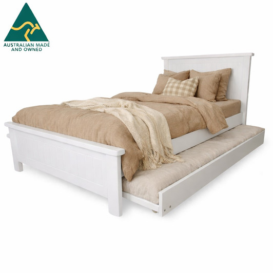 Australian made white single bed with trundle, made in Ballarat, solid timber children’s bed with pull-out trundle, space-saving design, 5 year warranty.