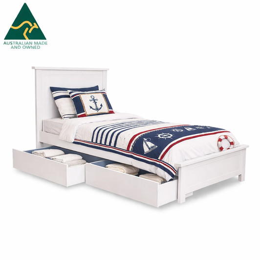 White single bed with underbed storage drawers, Australian made in Victoria, solid frame, modern space-saving bedroom furniture.