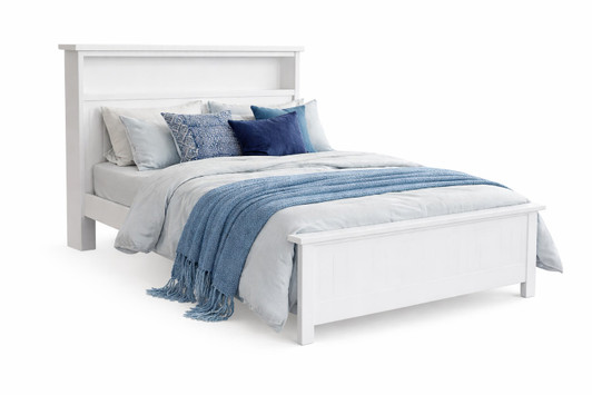Queen Size Bookworm Bed in White with integrated bookcase storage headboard, Australian made timber bed frame with 5-year warranty.