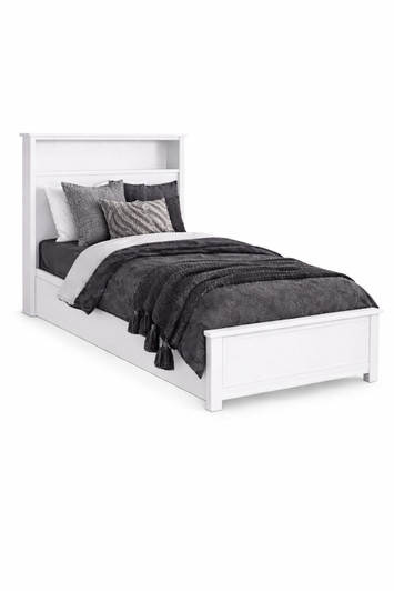 Bookworm High Single Bed with Single Trundle in Ice White, Australian made in Ballarat with built-in bookshelf headboard, solid panel footboard and space-saving pull-out trundle. Crafted with durable Maxilock bed fittings and backed by a 5 year structural warranty.