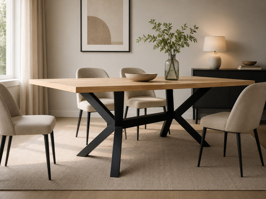 Australian-made FARMHOUSE Dining Table featuring a solid 35mm American Oak tabletop, durable timber and steel support frame, and multiple size options for modern family living.