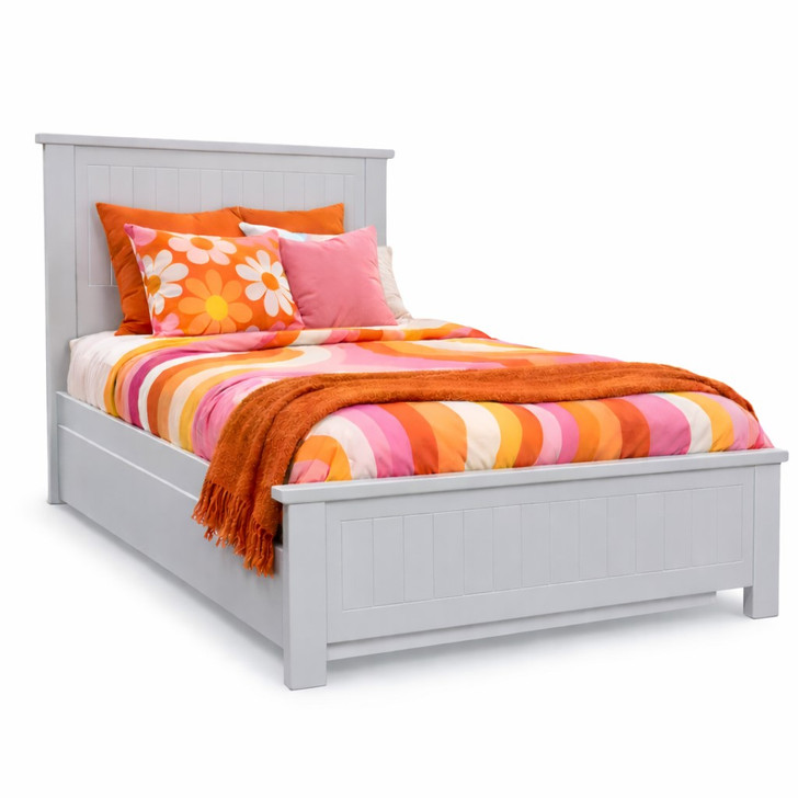 Australian-made Rabbit King Single Bed with Trundle in Grey Pail, featuring a timeless panelled headboard and footboard, quality timber construction, and a pull-out trundle for additional sleeping space. Finished in soft light grey and backed by a 5-year warranty.