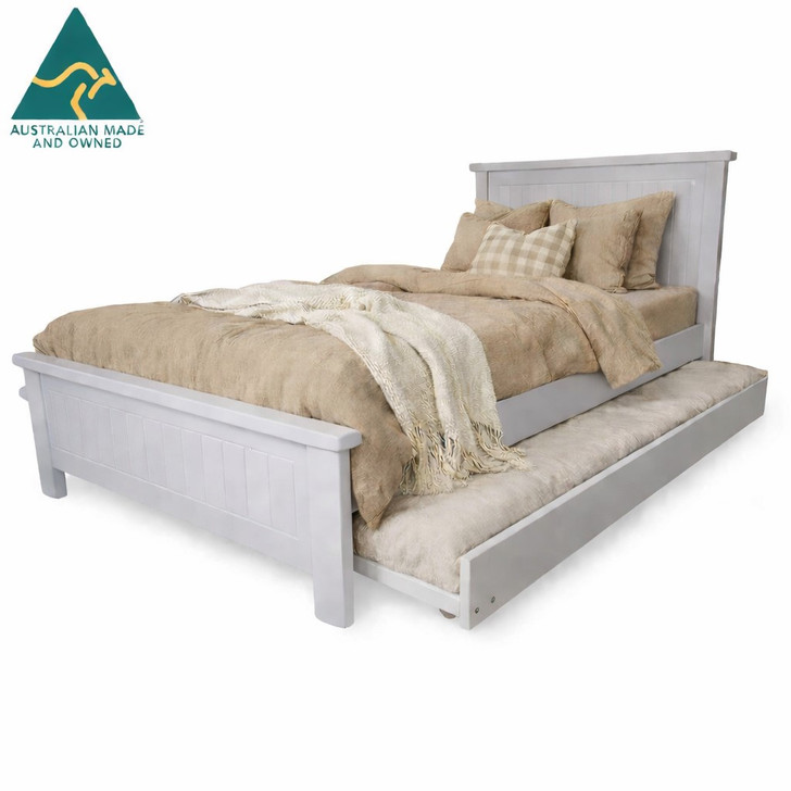 Australian made Grey Pail single bed with trundle, built in Ballarat, solid timber kids trundle bed, durable Maxilock fittings, 5 year warranty.