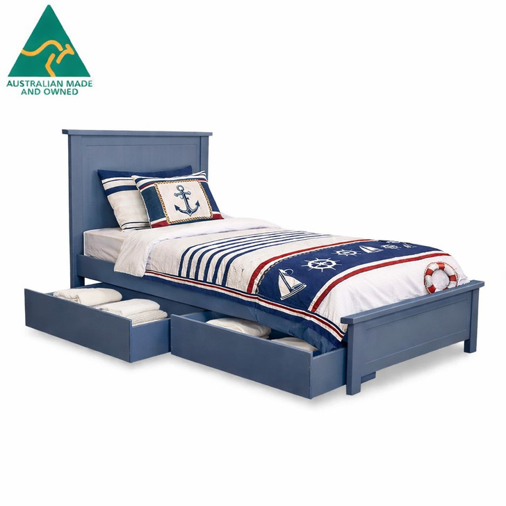 Guild grey single bed with built-in underbed drawers, Australian made in Victoria, Strong  construction, contemporary kids bedroom storage solution.