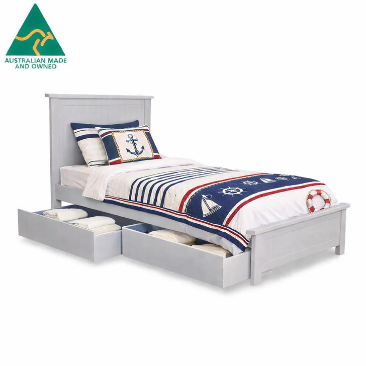 Pale grey single bed with pull-out storage drawers, Australian made in Victoria, solid frame, stylish and practical bedroom furniture.