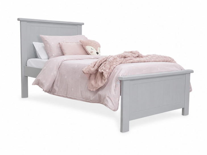 Australian-made Rabbit King Single Bed in Grey Pail featuring a traditional panelled headboard and footboard, quality timber construction, and a soft light grey finish. Covered by a 5-year warranty.