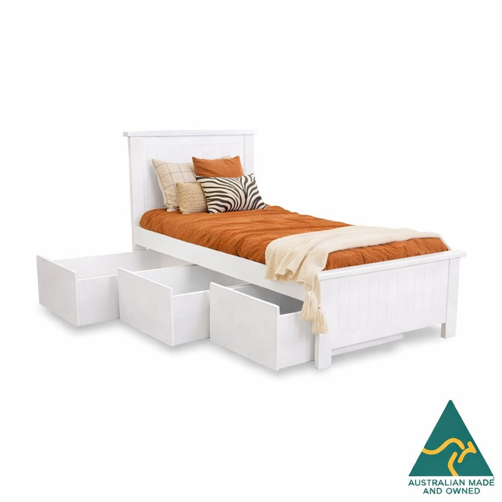 Quokka single bed with storage drawers open, made in Ballarat Australia, 5 year structural warranty