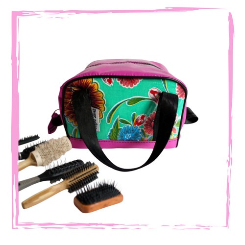 Brush Bag with Handles - CUSTOM - OILCLOTH - EMBRODERY (21cm L X 18cm W X 14cm H)