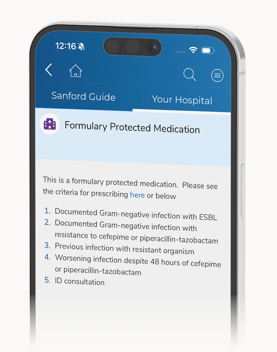 Meropenem page with institutional stewardship alert
