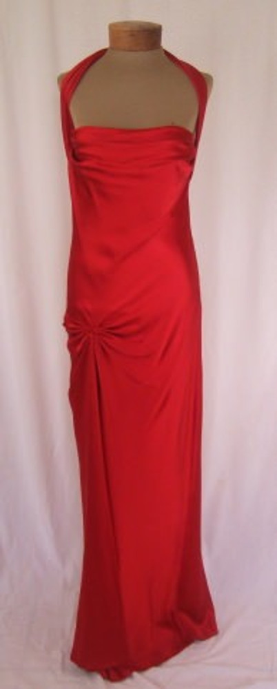 red silk evening gown