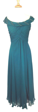 Vintage 1960s Teal Chiffon Ruched Evening Dress 