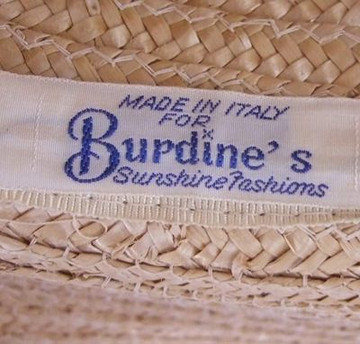 Burdines woven natural straw hat with ribbon and flower decoration