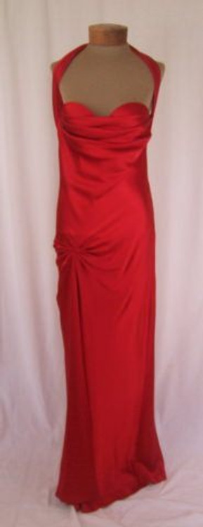 red silk ball gown