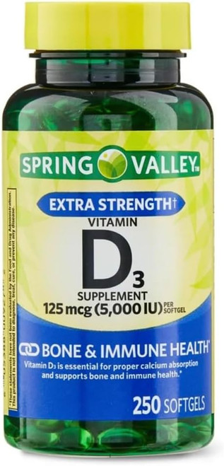 Spring Valley Extra Strength Vitamin D3 Supplement, 125mcg, 5000IU, 250 Count- Bone & Immune Health (1 Pack)