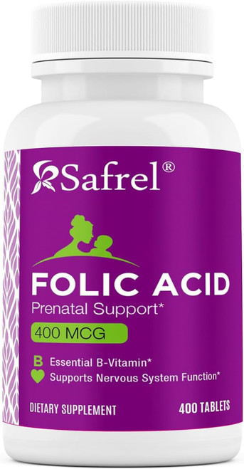 Safrel Folic Acid 400 mcg - Vitamin B9-400 Tablets, Essential Prenatal and Postnatal Vitamin for Fetal Development, Red