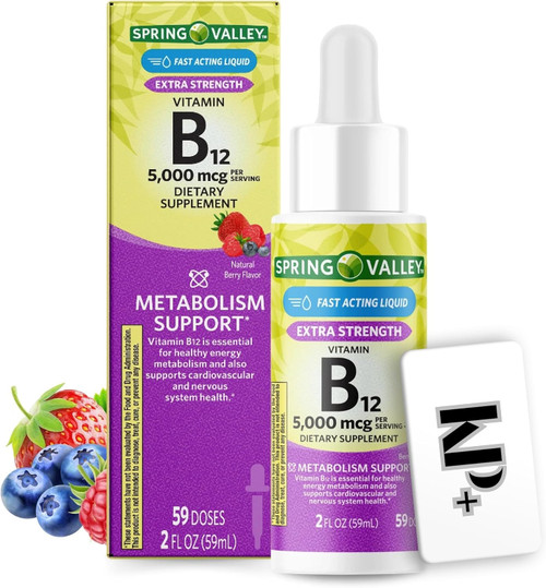Liquid Vitamin B12, 5000mcg, Spring Valley Vitamin b12, Metabolism Supplement, Berry Flavor, 2 fl oz Sticker