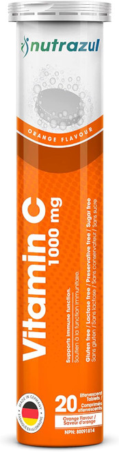 Nutrazul Vitamin C 1000mg Effervescent Tablets- Orange 20s | 20 Days Supply | Gluten Free, Lactose Free, Sugar Free & P