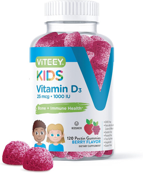 Viteey Vitamin D3 Kids Gummies 25mcg 1000 IU - Bone Health, Immune Health, Joint Muscle Support - Vegetarian, Gelatin Fr