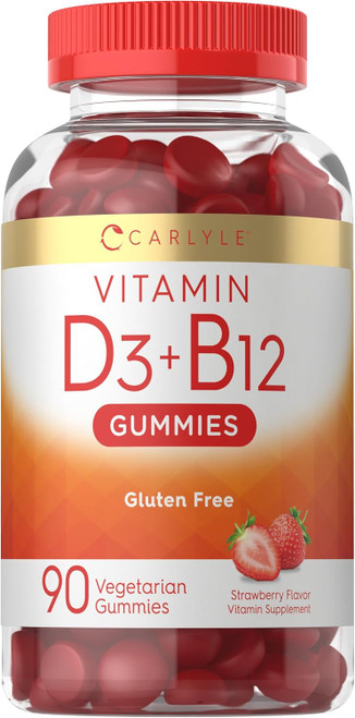 Carlyle Vitamin D3 + B12 Complex Gummies | 90 Count | Vegetarian, Non-GMO, and Gluten Free Formula | Strawberry Flavor S