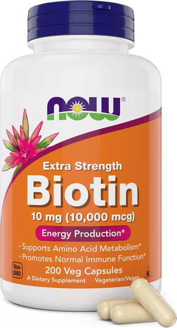 NOW Foods Extra Strength Biotin 10000mcg / 10 mg - 200 Count - Hair, Skin, Nail - Supplement for Men and Women - B7 Vita