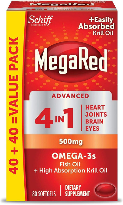 MegaRed Advanced 4-in-1 2X Concentrated 500mg Omega-3 Fish Oil & Antarctic Krill Oil with Fatty Acid, EPA/DHA Supports H