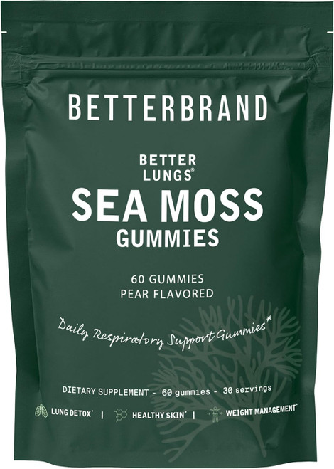 Betterbrand BetterLungs Pear Flavored Sea Moss Gummies - 1600mg Bladderwrack & Burdock Root for Lung & Immune Support, 6