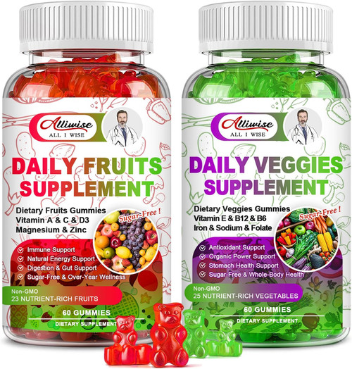 Sugar-Free Fruits and Veggies Gummies Supplement, Multi-Vitamins & Minerals in Gummies, Natural Fruits and Vegetables Su
