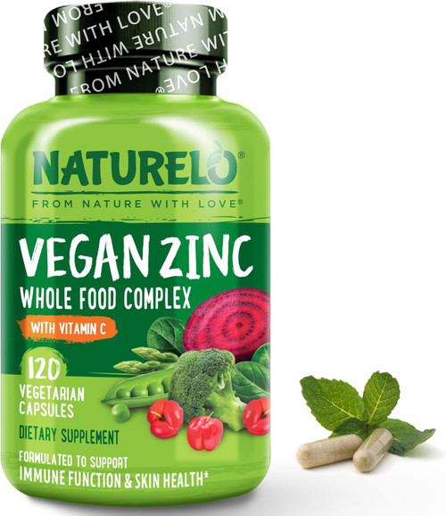 NATURELO Vegan Zinc Whole Food Complex Supplement with Vitamin C for Immune Support and Healthy Skin, Hair, and Nails -